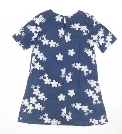 Apricot Womens Blue Floral Cotton T-Shirt Dress Size 8 Round Neck Button
