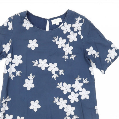 Apricot Womens Blue Floral Cotton T-Shirt Dress Size 8 Round Neck Button