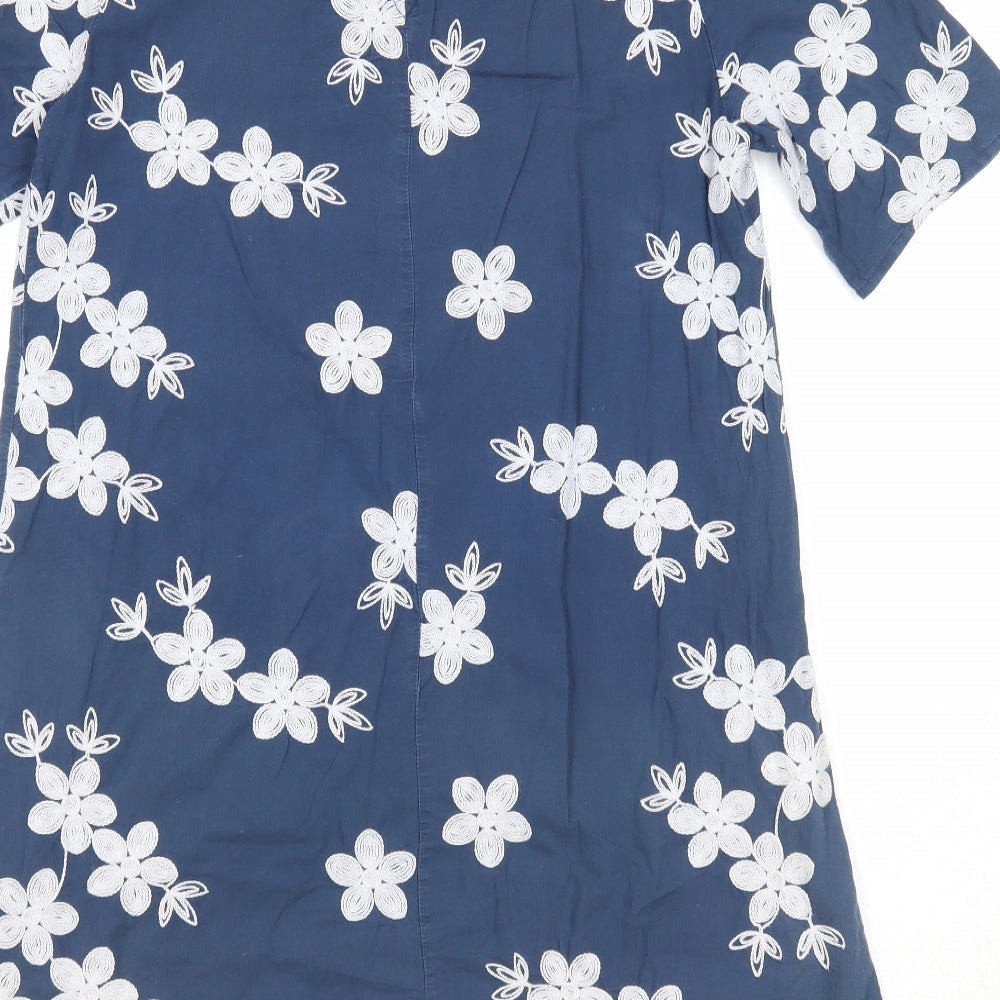 Apricot Womens Blue Floral Cotton T-Shirt Dress Size 8 Round Neck Button