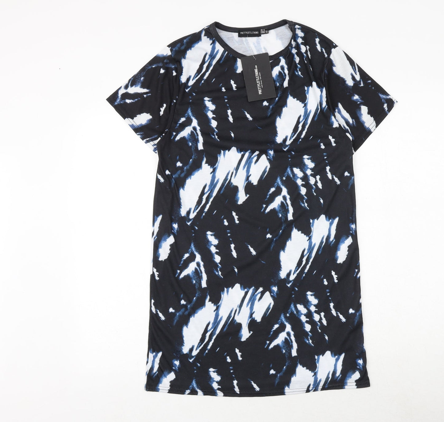 PRETTYLITTLETHING Womens Black Geometric Polyester T-Shirt Dress Size 4 Round Neck Pullover