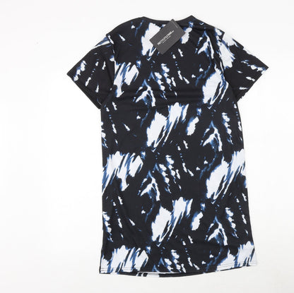 PRETTYLITTLETHING Womens Black Geometric Polyester T-Shirt Dress Size 4 Round Neck Pullover