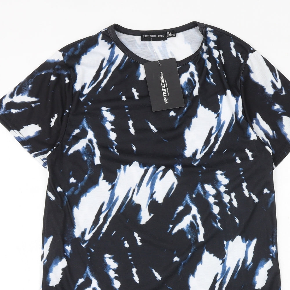 PRETTYLITTLETHING Womens Black Geometric Polyester T-Shirt Dress Size 4 Round Neck Pullover