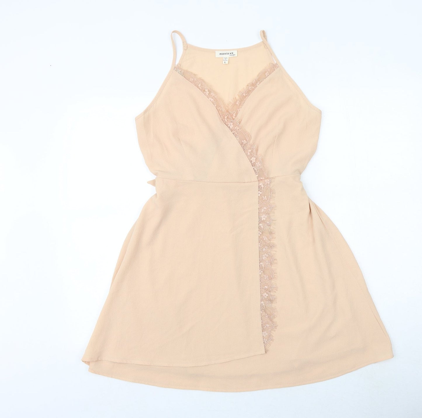 Monteau Womens Pink Polyester Fit & Flare Size L V-Neck Tie