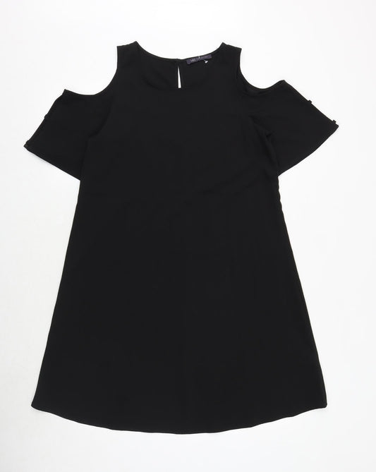 Marks and Spencer Womens Black Polyester T-Shirt Dress Size 10 Round Neck Button - Cold Shoulder