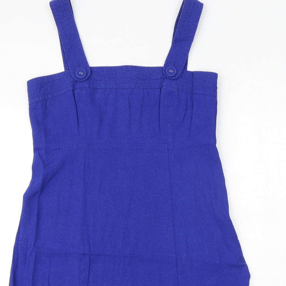 Kenar Womens Blue Linen Pinafore/Dungaree Dress Size 14 Square Neck Zip
