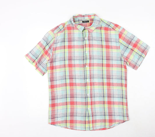 M&Co Mens Multicoloured Plaid Linen Polo Size S Collared Button