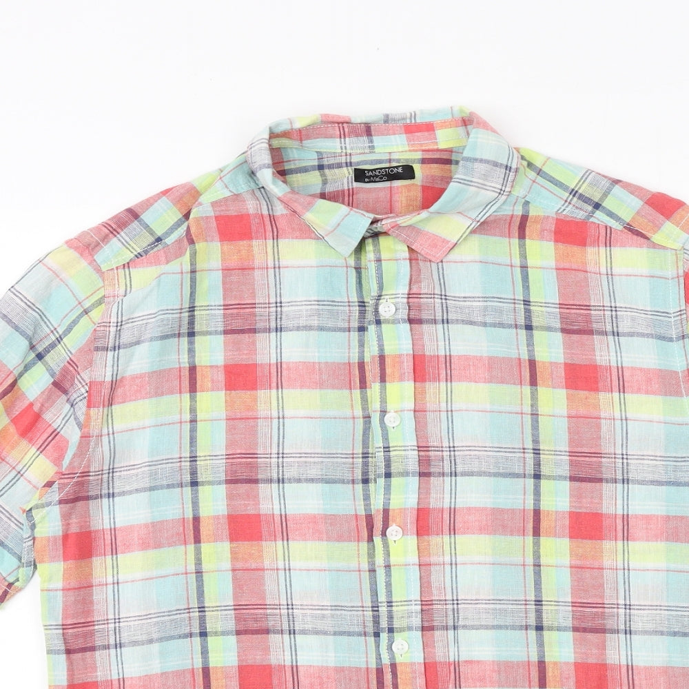 M&Co Mens Multicoloured Plaid Linen Polo Size S Collared Button