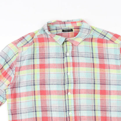 M&Co Mens Multicoloured Plaid Linen Polo Size S Collared Button