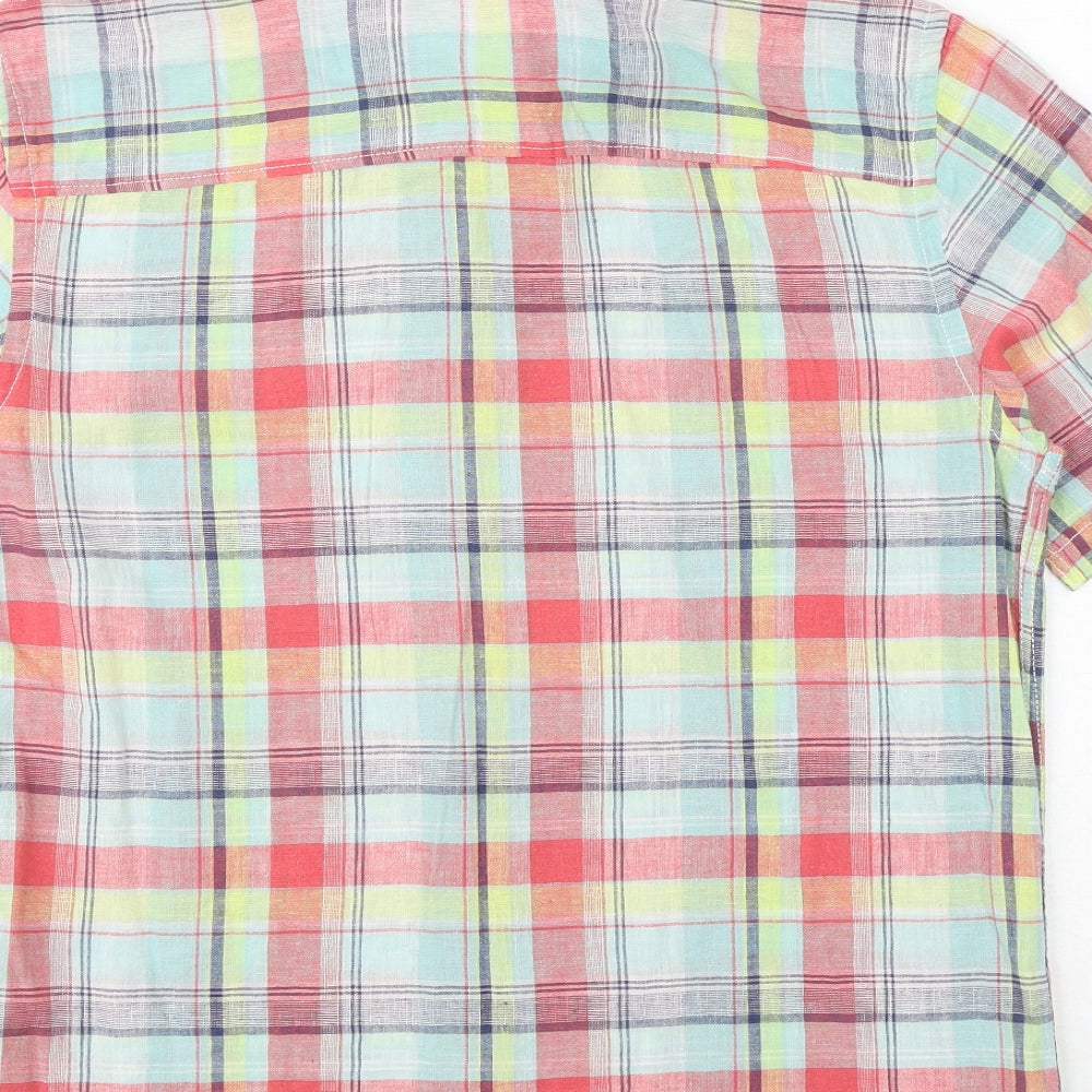 M&Co Mens Multicoloured Plaid Linen Polo Size S Collared Button