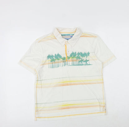 Marks and Spencer Boys White Striped 100% Cotton Basic Polo Size 9-10 Years Collared Button - Surfers
