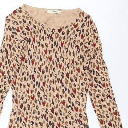 Oasis Womens Beige Animal Print Cotton Jumper Dress Size XS Round Neck Pullover - Leopard Pattern