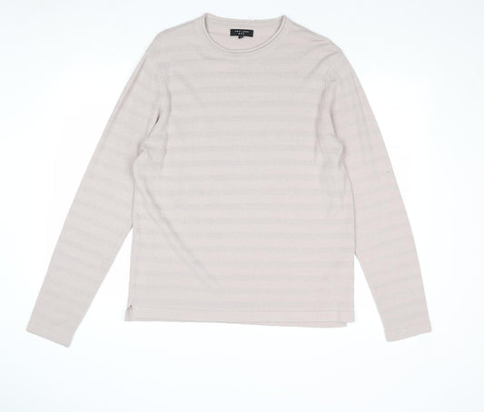 New Look Mens Beige Round Neck Striped Acrylic Pullover Jumper Size M Long Sleeve