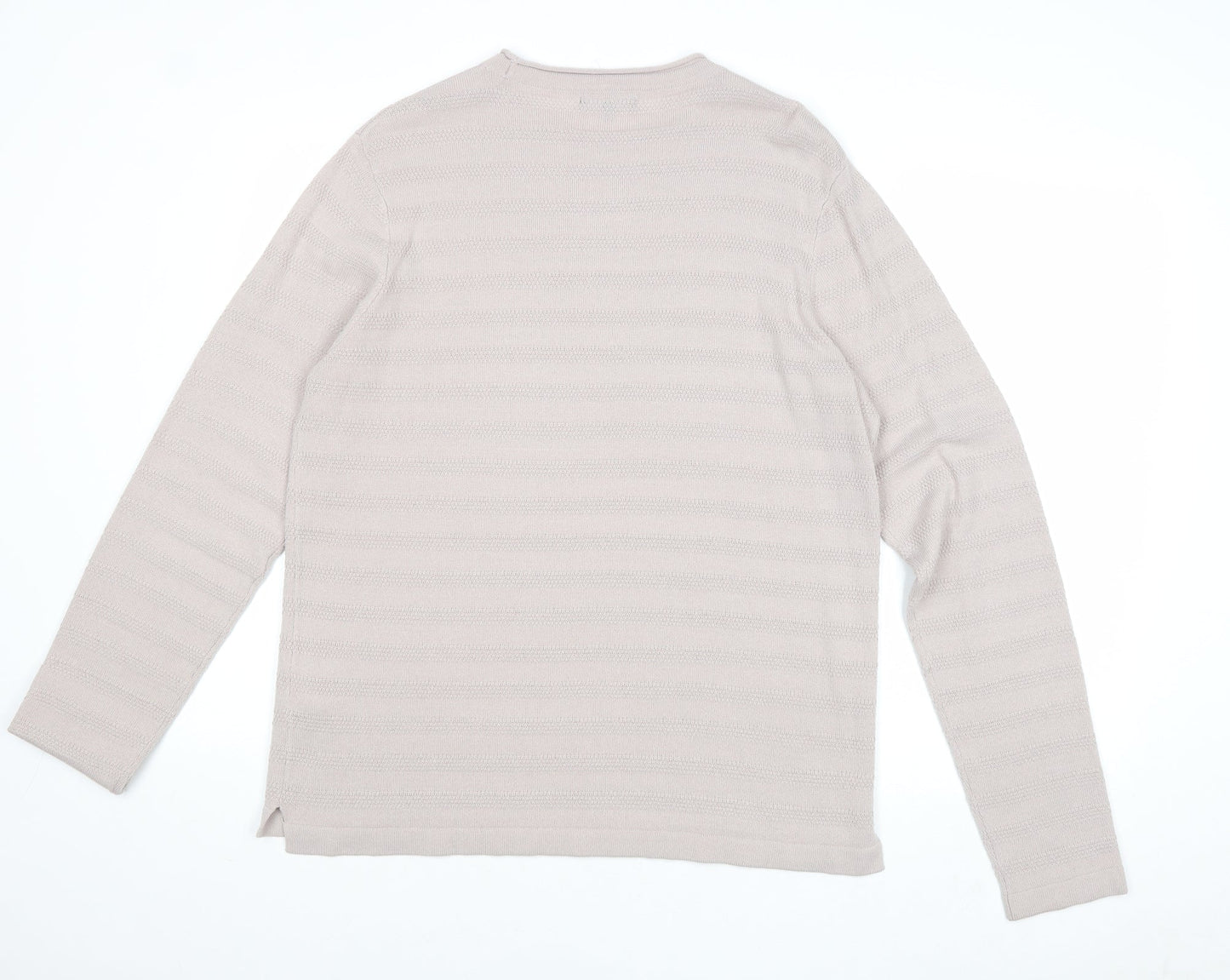 New Look Mens Beige Round Neck Striped Acrylic Pullover Jumper Size M Long Sleeve