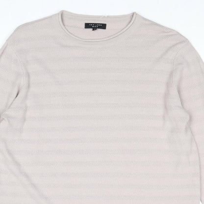 New Look Mens Beige Round Neck Striped Acrylic Pullover Jumper Size M Long Sleeve