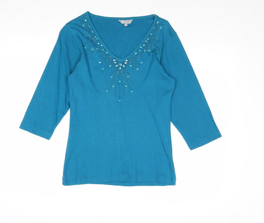 Mia Moda Womens Blue Cotton Basic Blouse Size 8 V-Neck
