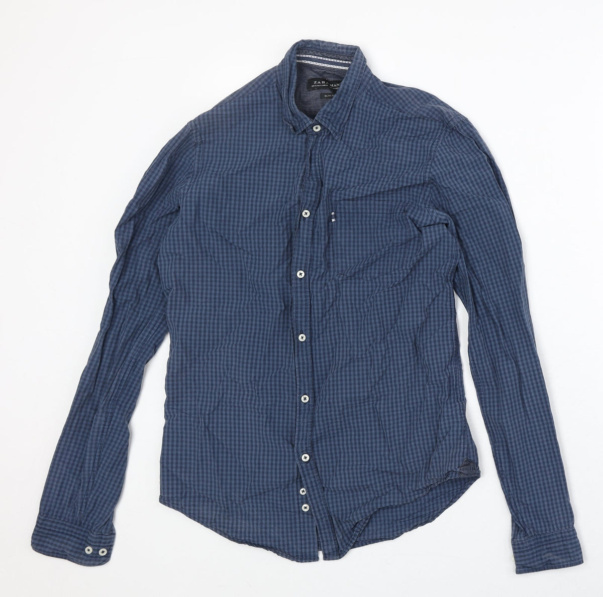 Zara Mens Blue Check Cotton Button-Up Size S Collared Button