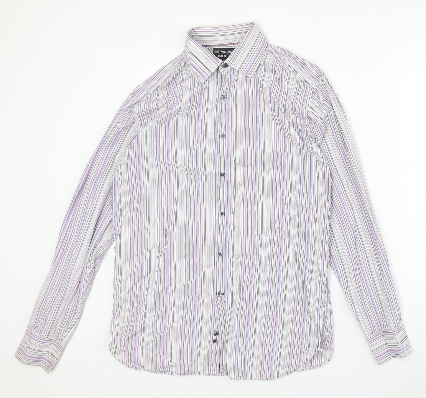Marks and Spencer Mens Grey Striped Cotton Button-Up Size 15.5 Collared Button
