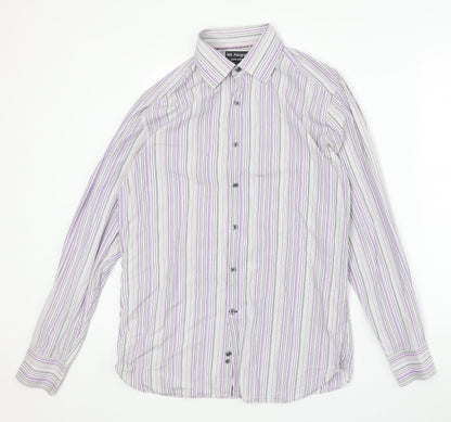 Marks and Spencer Mens Grey Striped Cotton Button-Up Size 15.5 Collared Button