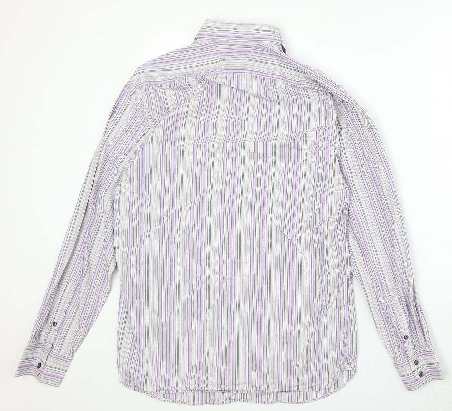 Marks and Spencer Mens Grey Striped Cotton Button-Up Size 15.5 Collared Button