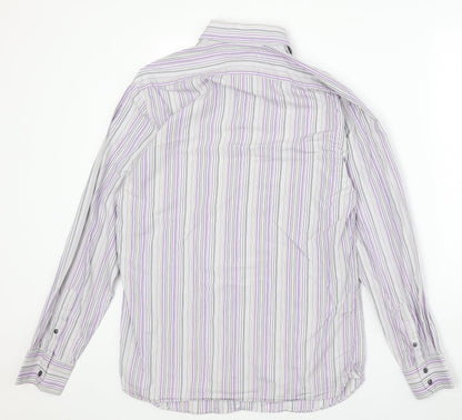 Marks and Spencer Mens Grey Striped Cotton Button-Up Size 15.5 Collared Button