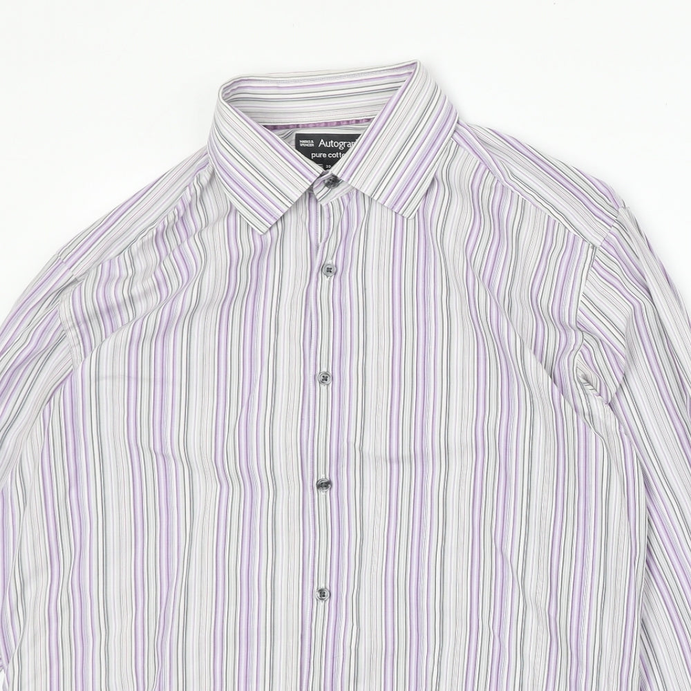 Marks and Spencer Mens Grey Striped Cotton Button-Up Size 15.5 Collared Button