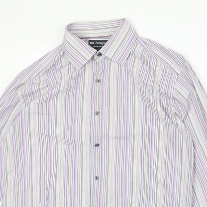 Marks and Spencer Mens Grey Striped Cotton Button-Up Size 15.5 Collared Button