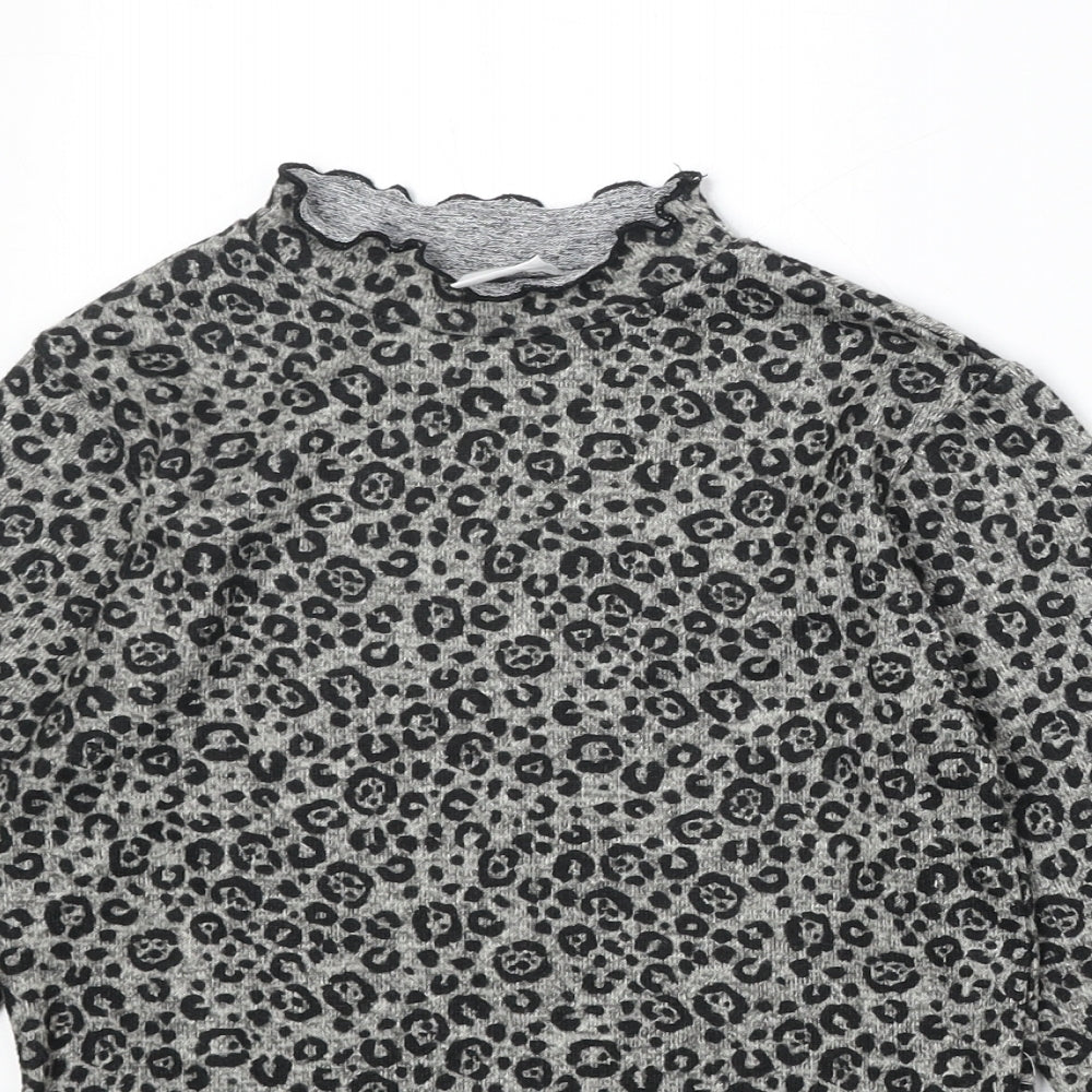 Zara Girls Brown Animal Print Polyester Basic T-Shirt Size 10 Years Mock Neck Pullover - Leopard Print