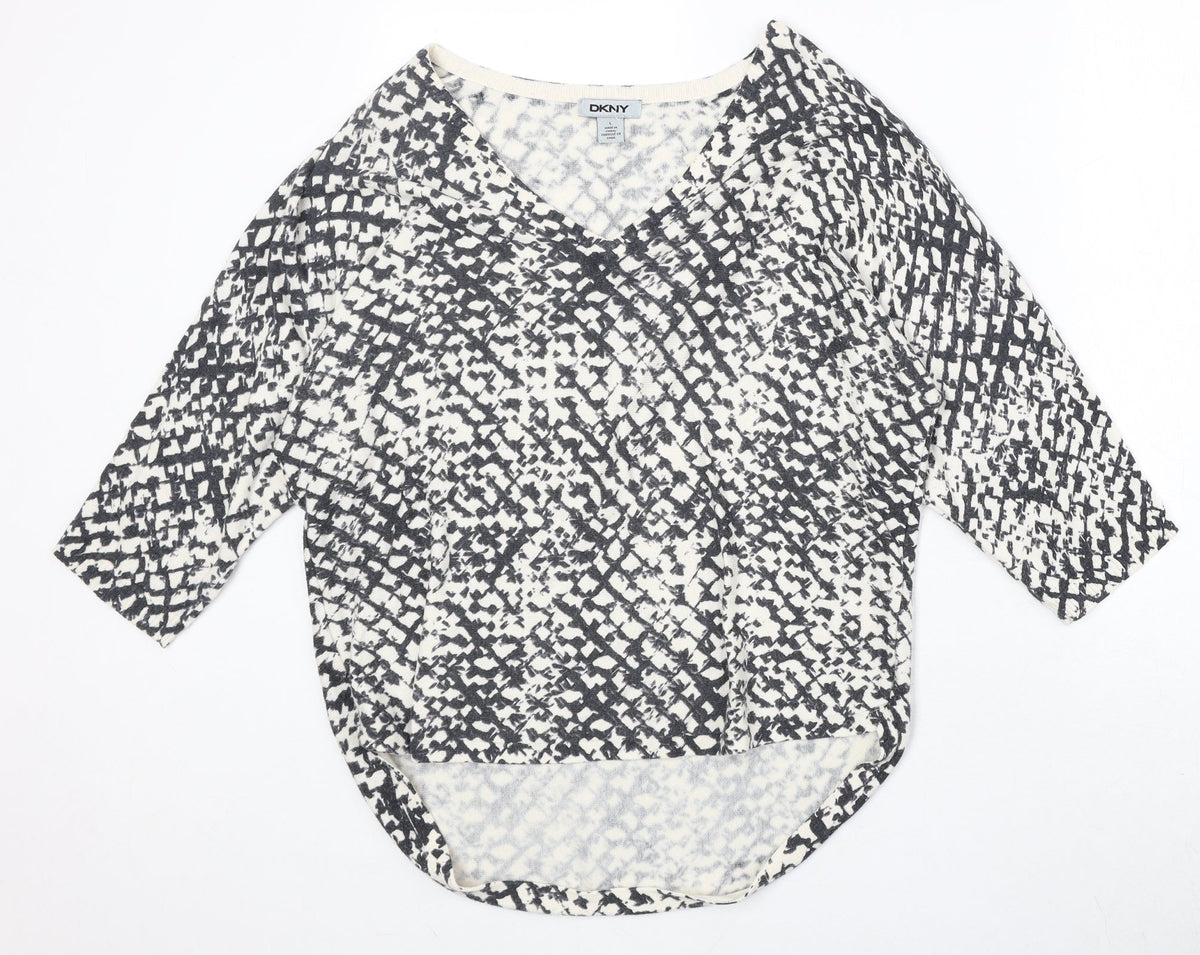 DNKY Womens Beige V-Neck Geometric Viscose Pullover Jumper Size L