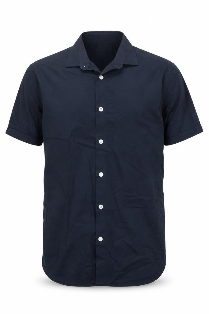 Front view of ASOS men’s blue cotton button-up, size S, collared button