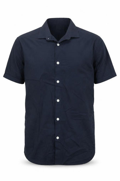 Front view of ASOS men’s blue cotton button-up, size S, collared button