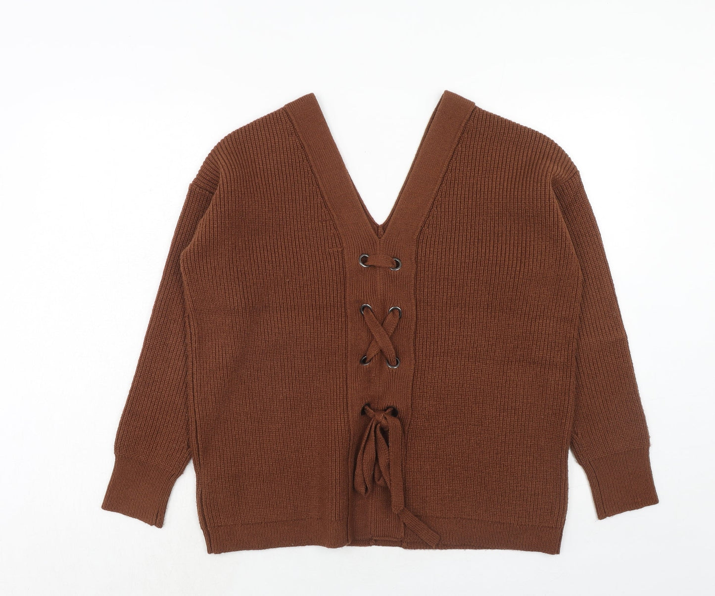 Apricot Womens Brown V-Neck Polyester Pullover Jumper Size 10 - Lace Up Back
