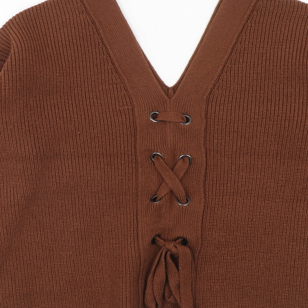 Apricot Womens Brown V-Neck Polyester Pullover Jumper Size 10 - Lace Up Back