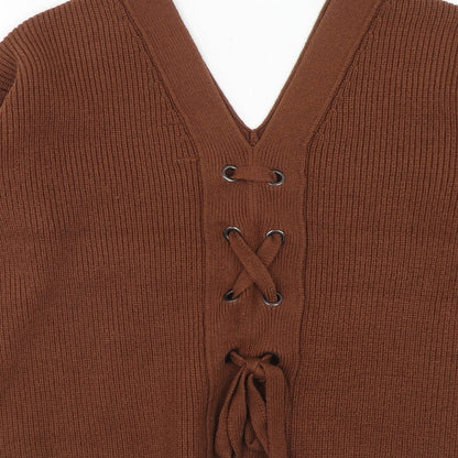 Apricot Womens Brown V-Neck Polyester Pullover Jumper Size 10 - Lace Up Back