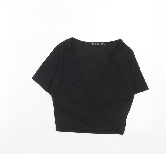 Boohoo Womens Black Polyester Basic Blouse Size 10 V-Neck