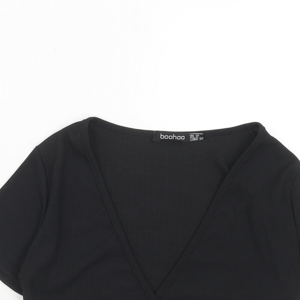 Boohoo Womens Black Polyester Basic Blouse Size 10 V-Neck