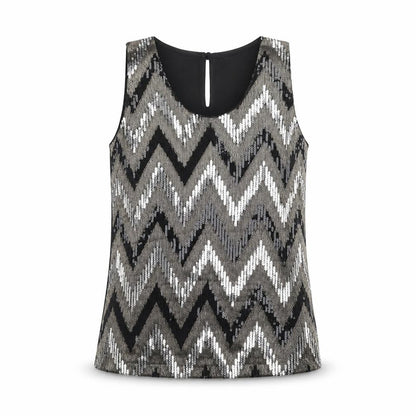 Vanessa Alexandra Womens Black Geometric Polyester Basic Tank Size M Round Neck