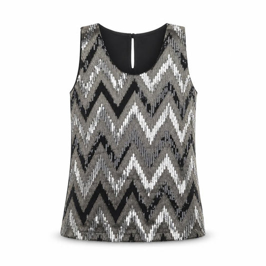 Vanessa Alexandra Womens Black Geometric Polyester Basic Tank Size M Round Neck