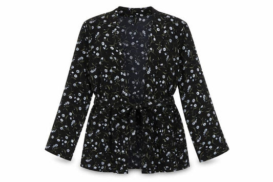 H&M Womens Black Floral Polyester Kimono Blouse Size S V-Neck