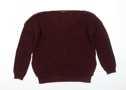 Boohoo Womens Red V-Neck Acrylic Pullover Jumper Size S
