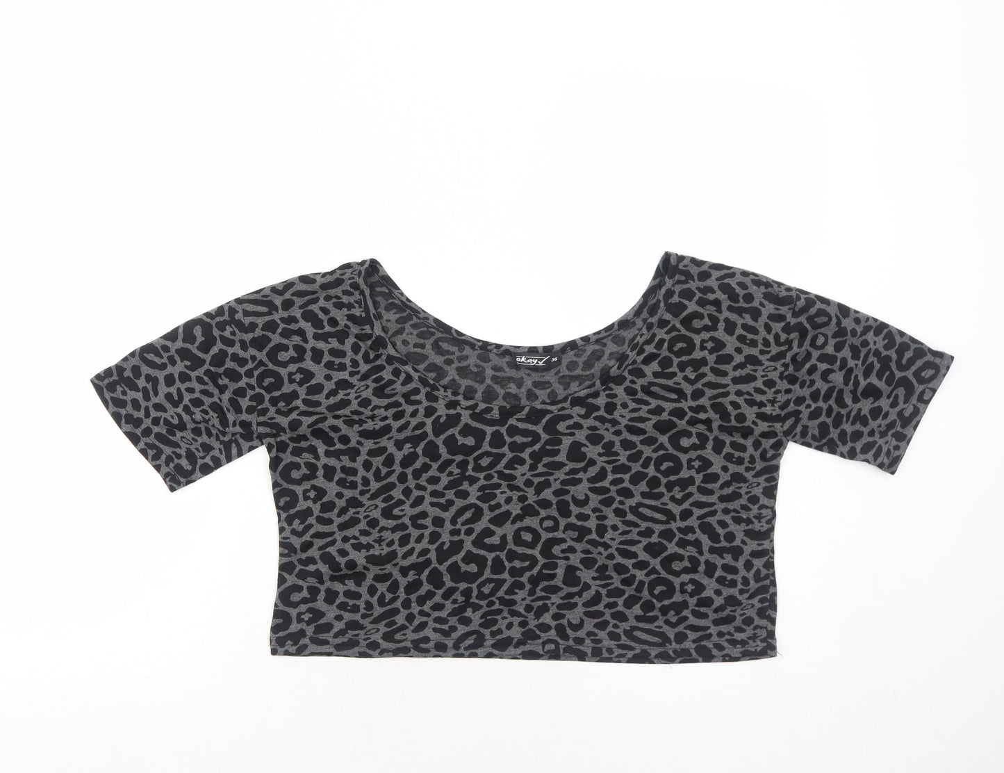 OKAY Womens Grey Animal Print Polyester Cropped T-Shirt Size 8 Round Neck - Leopard Print