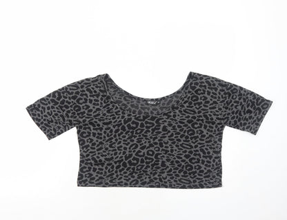 OKAY Womens Grey Animal Print Polyester Cropped T-Shirt Size 8 Round Neck - Leopard Print