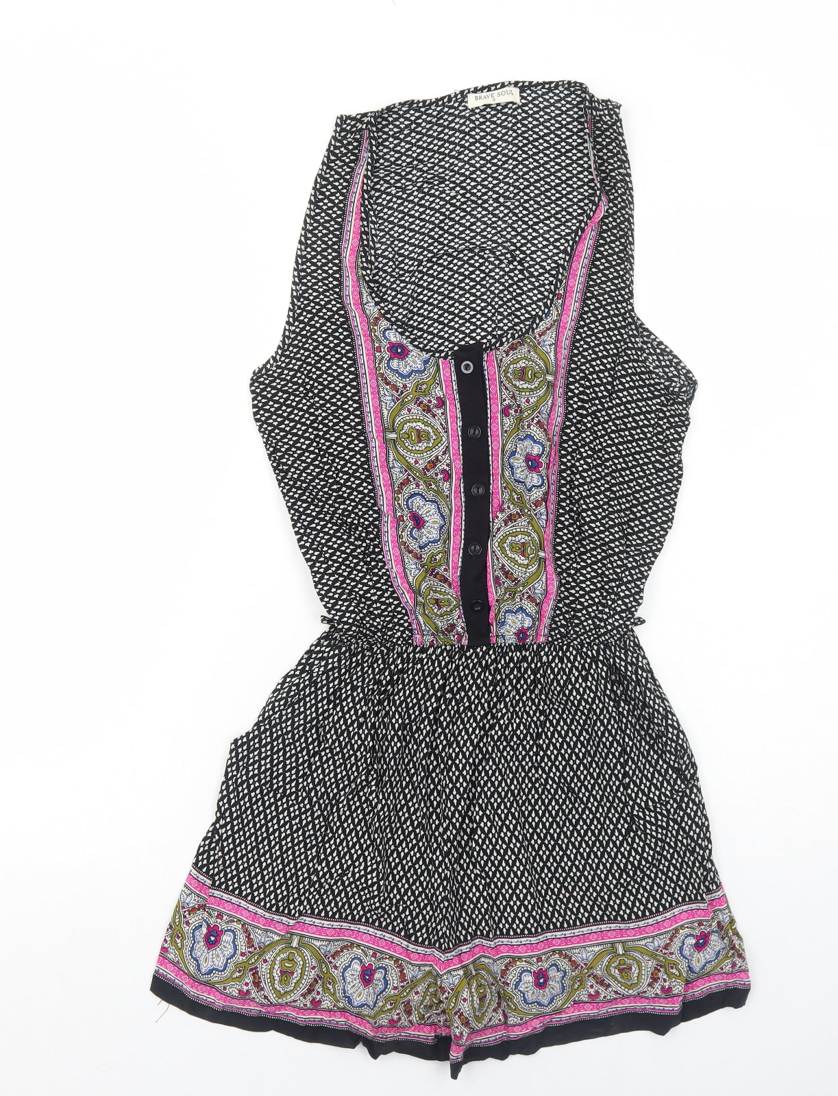 Brave Soul Womens Black Geometric Viscose Playsuit One-Piece Size S Button