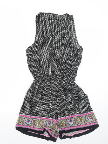 Brave Soul Womens Black Geometric Viscose Playsuit One-Piece Size S Button