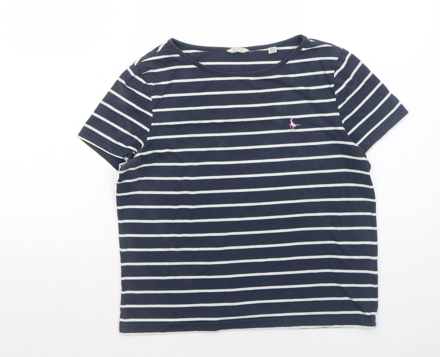 Jack Wills Womens Blue Striped Cotton Basic T-Shirt Size 10 Round Neck - Birds Print