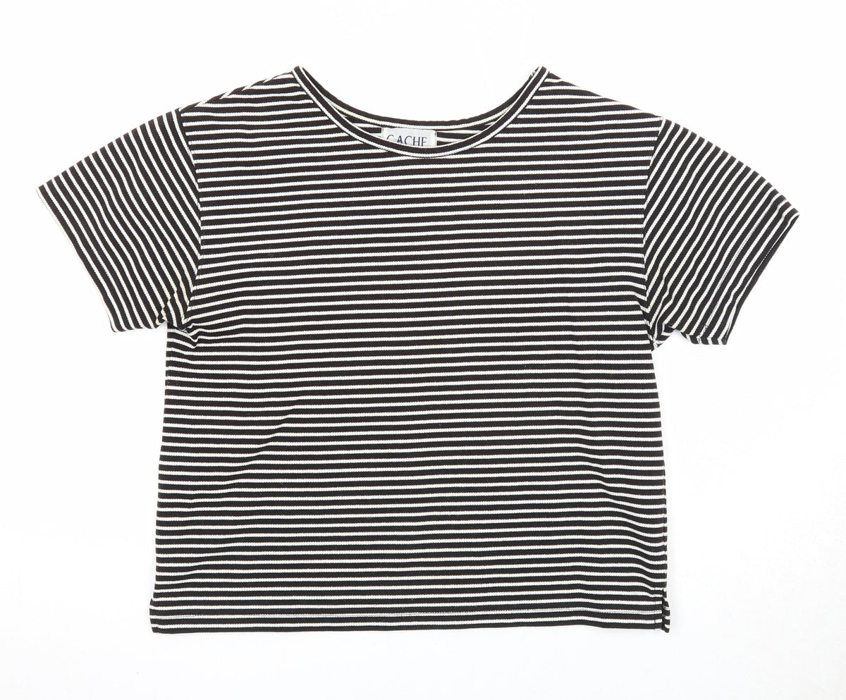 Cache Creek Womens Black Striped Polyester Basic T-Shirt Size M Round Neck