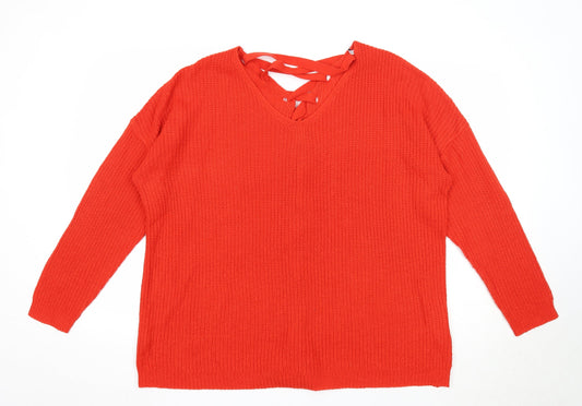 Capsule Womens Orange V-Neck Acrylic Pullover Jumper Size M