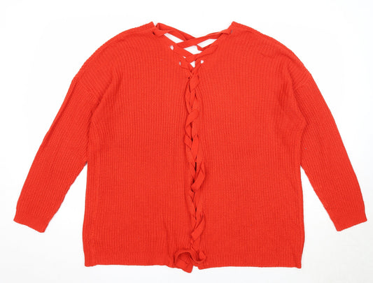 Capsule Womens Orange V-Neck Acrylic Pullover Jumper Size M