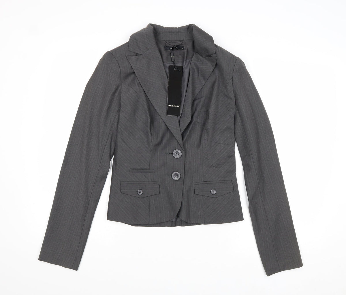 Additional front view of Vera Moda women’s grey striped polyester jacket suit jacket, size UK 8