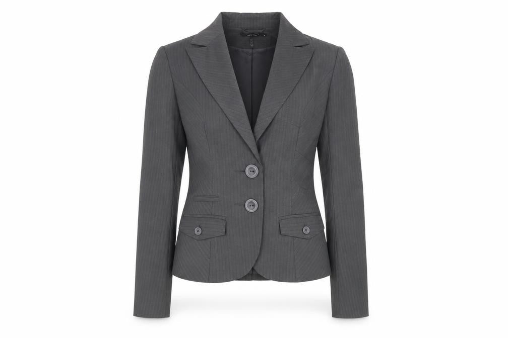 Front view of Vera Moda women’s grey striped polyester jacket suit jacket, size UK 8