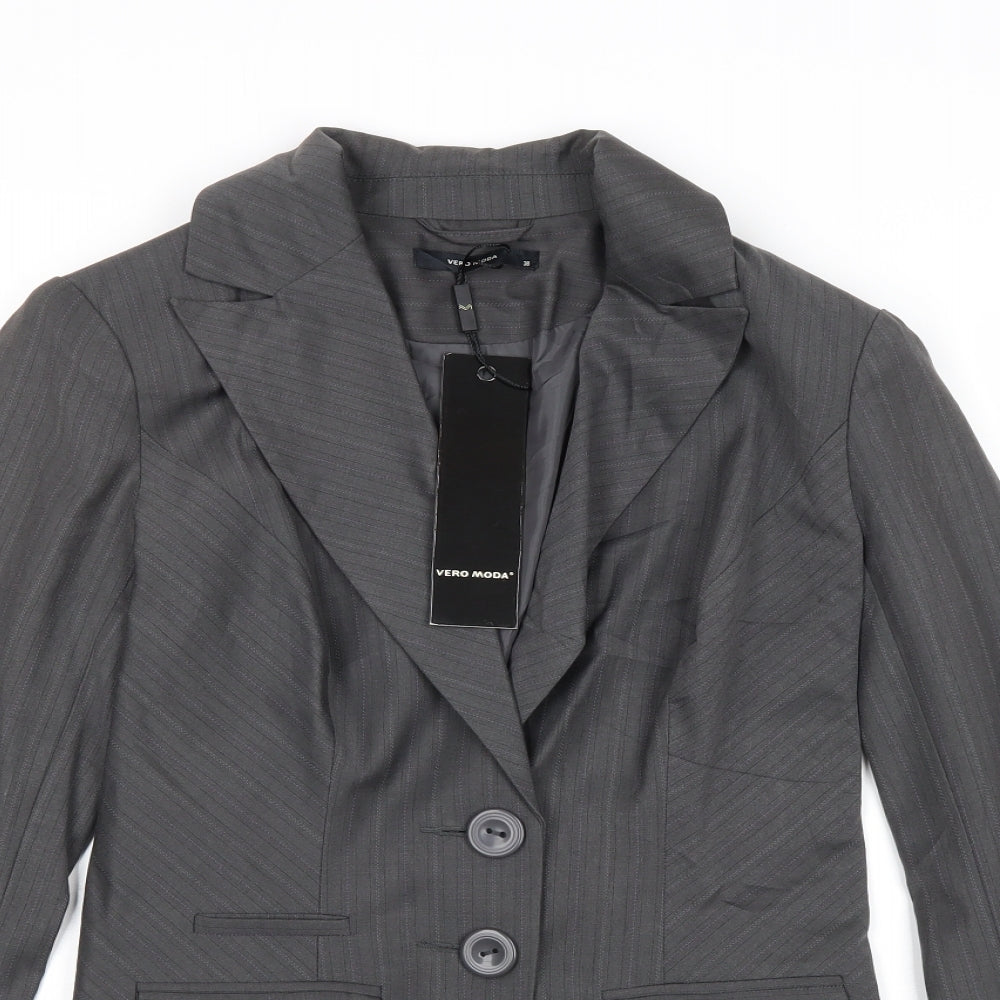 Close-up detail of Vera Moda women’s grey striped polyester jacket suit jacket, size UK 8